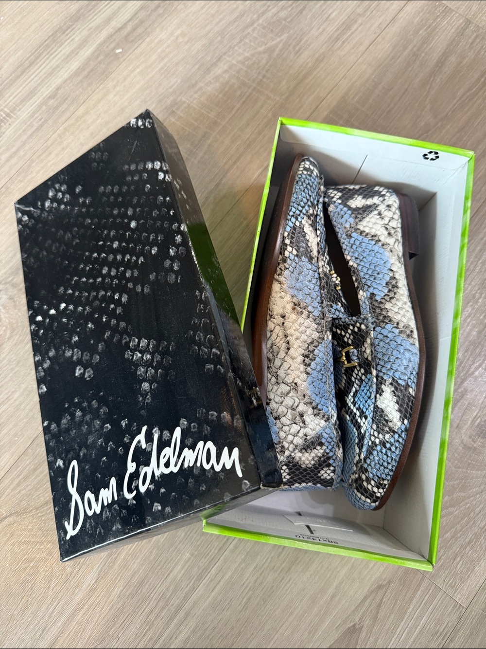 Sam Edelman Two-Tone Snake Print Loafers in Black, White & Blue